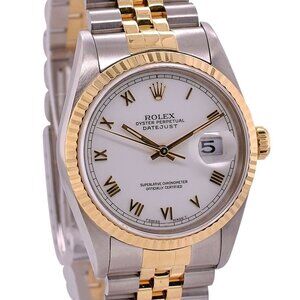 ROLEX DATEJUST WHITE ROMAN DIAL 18KY FLUTED TWO-TONE JUBILEE WATCH 36 MM  16233